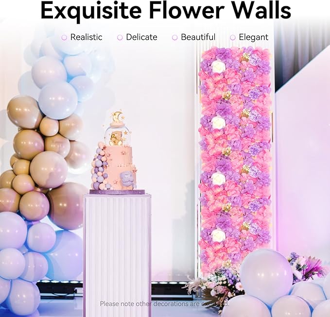 24 Pack Flowers Wall Panels Artificial Floral Wall Mat Handmade 3D Silk Rose Hydrangea Dahlia Floral Panels for Photo Background Home Party Wedding Backdrop Decoration, 24 x 16 inch (24 pcs)