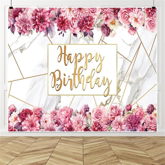 10x8ft Pink Floral Birthday Backdrop Girl Birthday Party Photography Background Watercolor Flower Marble Princess Women Bday Decorations Banner Cake Smash Photo Studio Props