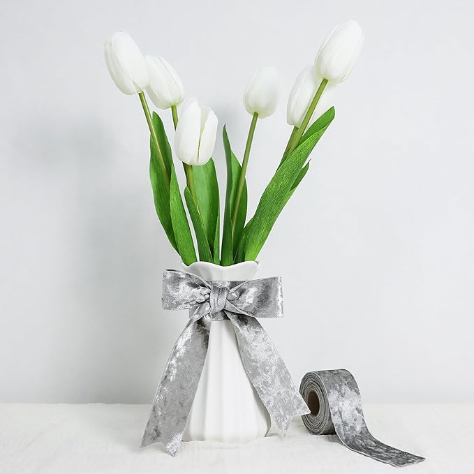 Velvet Silver Ribbon 1-1/2 inch Wide Double-Sided Glossy Fabric Ribbons for Christmas Tree Decor Gift Wrapping Flower Bouquet DIY Crafts 10Yd
