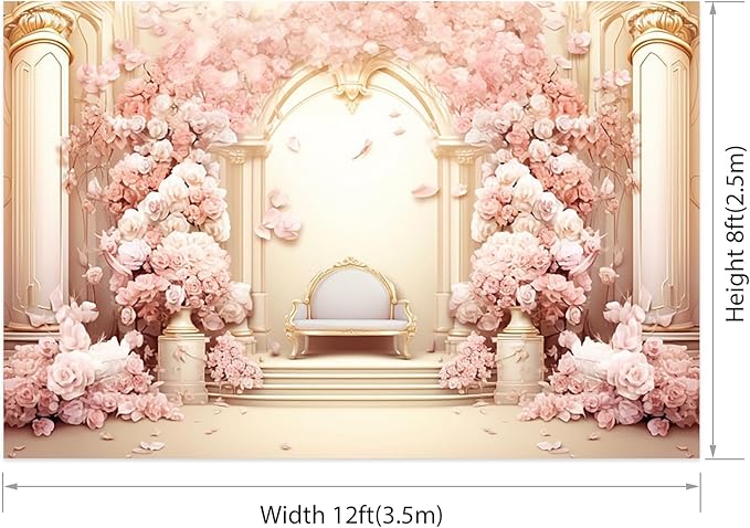 AOFOTO 12x8ft Wedding Backdrop Palace Hall Wall Spring Pink Flower Arch Background for Photography Bridal Shower Valentine's Day Prom Decoration Banner Girl Portrait Photo Booth Backdrop