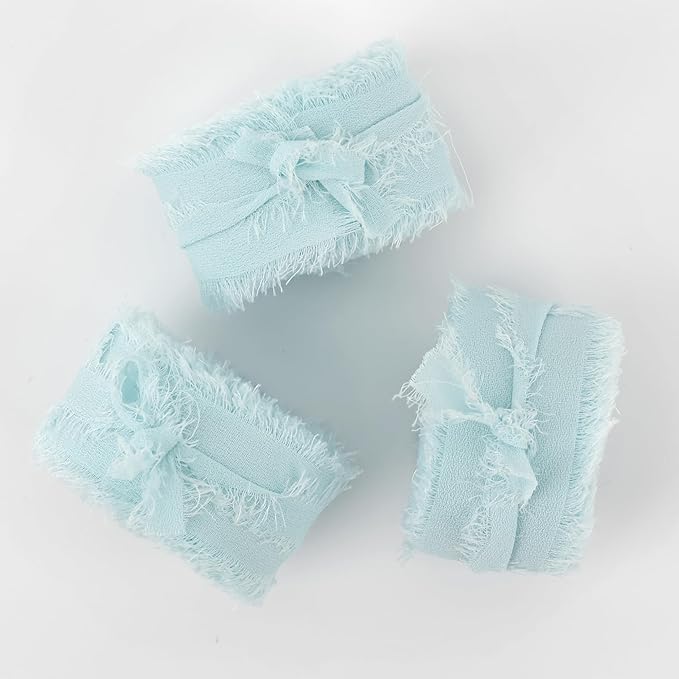 MEEDEE Aqua Chiffon Ribbon 1 Inch Fringe Ribbons Blue Chiffon Silk Frayed Edge Ribbon Thin Chiffon Ribbons for Crafts, Gift Wrapping, Wedding Invitation (3 Rolls 21 Yards)