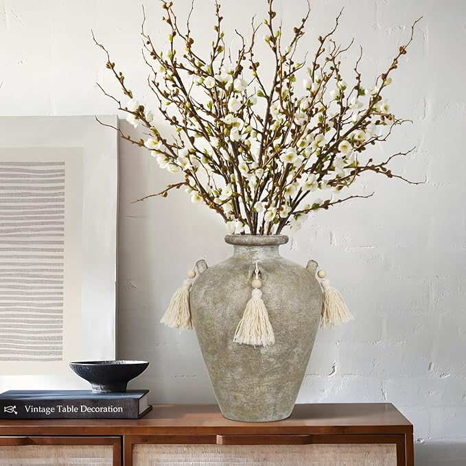 9.4" Large Ceramic Vase for Centerpieces - Rustic Farmhouse Vase with 4 Ears & Tassels, Terracotta Vintage Flower Vases for Tabletop, Desk, Living Room, Bedroom, Entryway, Holiday & Weddings Decor