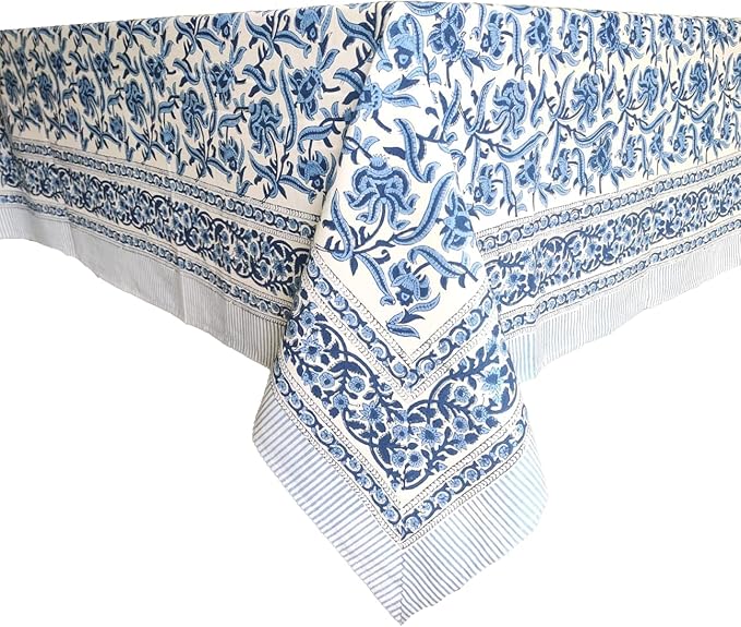 ATOSII Midnight Bloom 100% Cotton Fall Tablecloth, Handblock Print Blue Rectangle Table Cloth for Kitchen Dining Table Linen I Parties Wedding Outdoor Decor 60 X 90 Inches