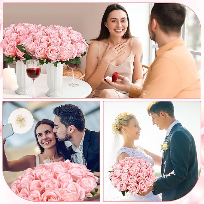 150 Pcs Roses Artificial Flowers, Silk Light Pink Artificial Flowers Petals Long Stem Roses for Wedding Bouquet Home Party Decor