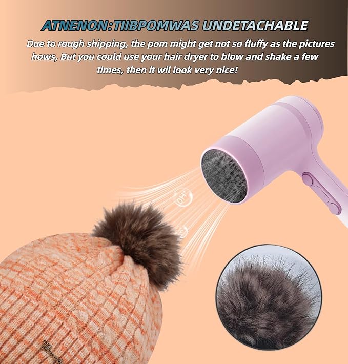 FENELY Women's Knitted Warm Beanie Winter Hat, Warm Chunky Snow Hat with Pompom