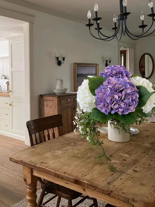 YalzoneMet 4Pcs Purple Silk Hydrangea Artificial Flower Lifelike Big Blooms 20'' Long Stem Faux Hydrangea Flower Bouquets for Home Party Indoor Outdoor Wedding Table Centerpiece Decor