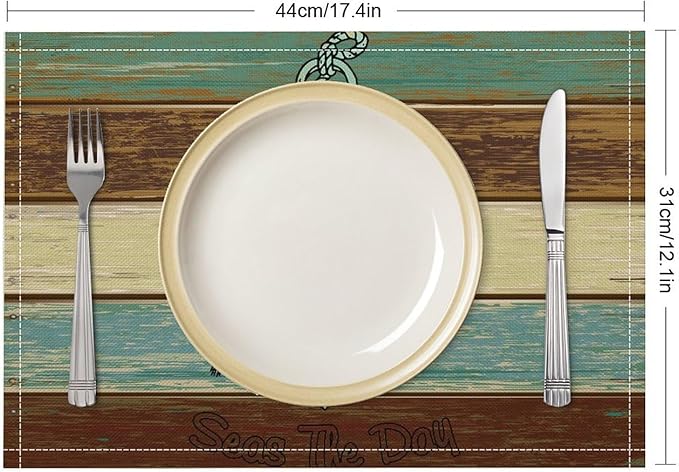 Nautical Theme Placemats Rustic Retro Wooden Board Anchor Art Printed Dining Table Mats Set of 4 for Restaurant Home Kitchen Holiday Picnic Party Decor 12x18in