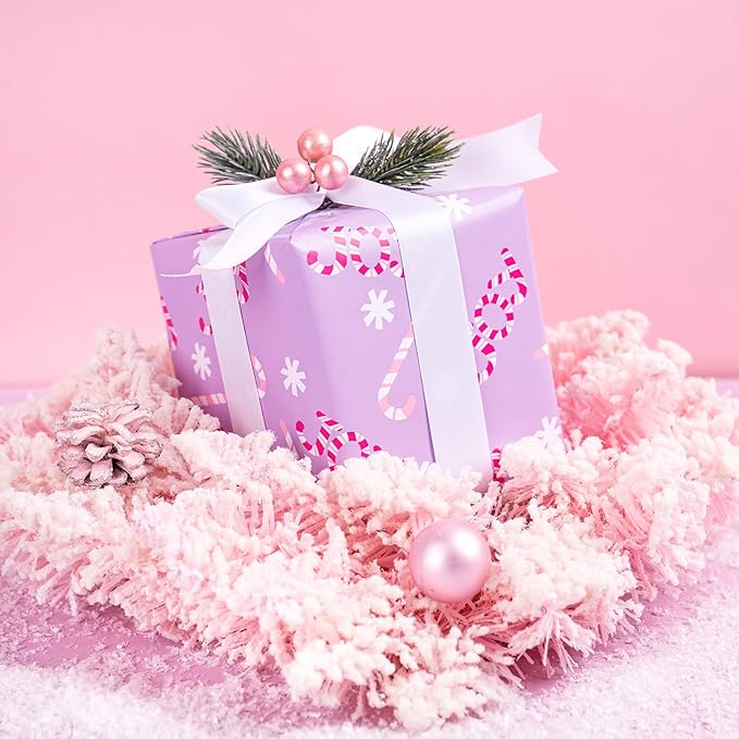 WRAPAHOLIC Christmas Wrapping Paper Roll - Mini Roll - 3 Rolls - 17 Inch X 120 Inch Per Roll - Pastel Pink and Purple Reindeer, Candy Cane with JOY, Snowflake Holiday Collection