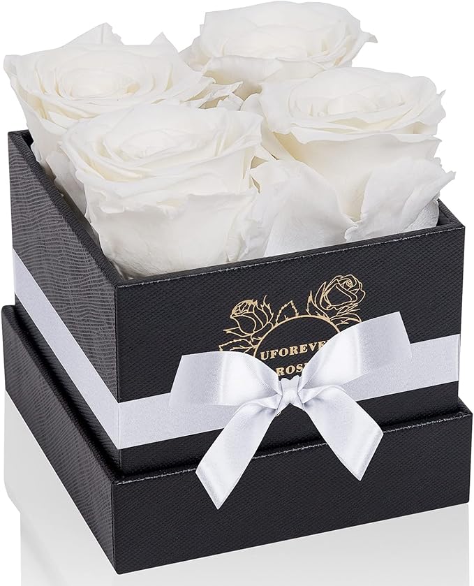 4-Piece Preserved Roses in a Box, Preserved Flowers, Roses Gift for Her, White