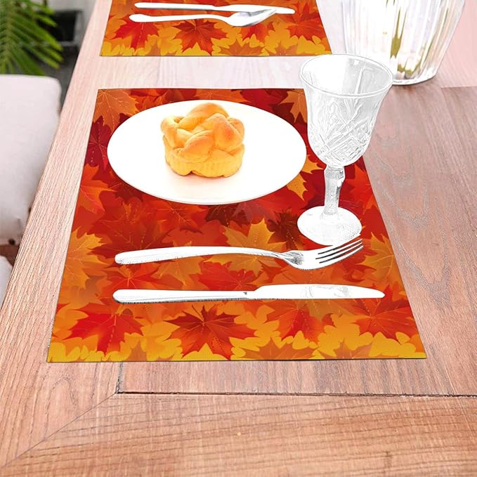 PVC Placemats Set of 1 Wipeable Table Mats Washable Heat Resistant Non Slip Vinyl Dining Table Mat for Kitchen Indoor Outdoor Patio Farmhouse Place Mats Orange Thanksgiving Maple Decorative