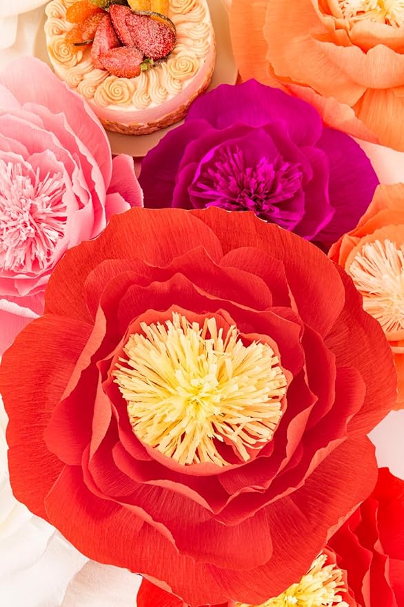 Crepe Paper Flowers Decoration for Wall, Artificial Flowers for Wedding Decor,Flower Backdrop Decor,Baby Shower,Birthday,Archway Decor, Nursery Wall Decor(White and Orange Red,Set/6)
