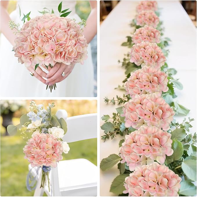 Hollyone 6 Pcs Light Pink Hydrangea Artificial Flowers Heads with Stems Silk Faux Hydrangea Pink Fake Flowers for Home Indoor Outdoor DIY Floral Wedding Flower Bouquets Kitchen Table Centerpiece Decor