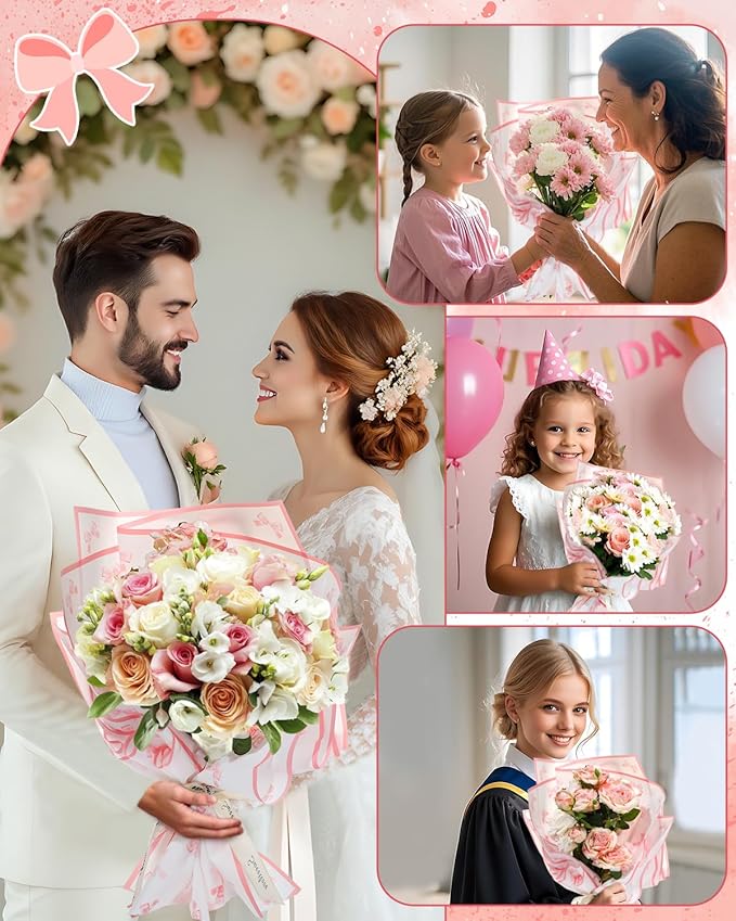 Liobelon 20 Sheets Flower Wrapping Paper Waterproof Bouquet Paper Bow Pattern Pink Gift Wrapping Paper for Flower Shop, Wedding, Birthday Party, Handmade DIY, Anniversary 22.8 x 22.8Inch