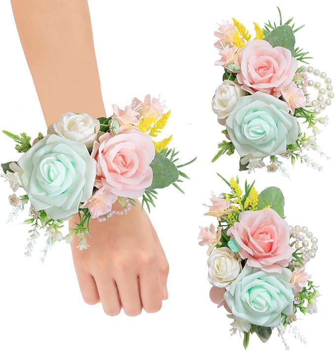 TINGE TIME Set of 2 Wrist Corsage Bracelets Pearl Wristlet Band Bridesmaid Bracelet for Wedding Ceremony Bridal Shower Wedding Artificial Flower Prom (MintGreen&Pink)