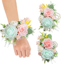TINGE TIME Set of 2 Wrist Corsage Bracelets Pearl Wristlet Band Bridesmaid Bracelet for Wedding Ceremony Bridal Shower Wedding Artificial Flower Prom (MintGreen&Pink)