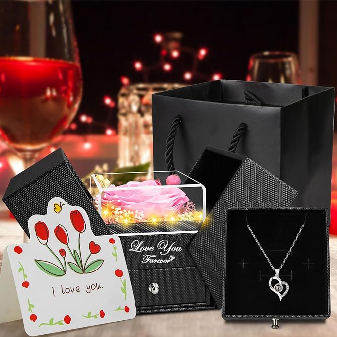 Preserved Pink Real Rose with I Love You Necklace -Eternal Flowers Rose Gifts for Mom Grandma Wife Girlfriend Gifts for Her Christmas Birthday Anniversary