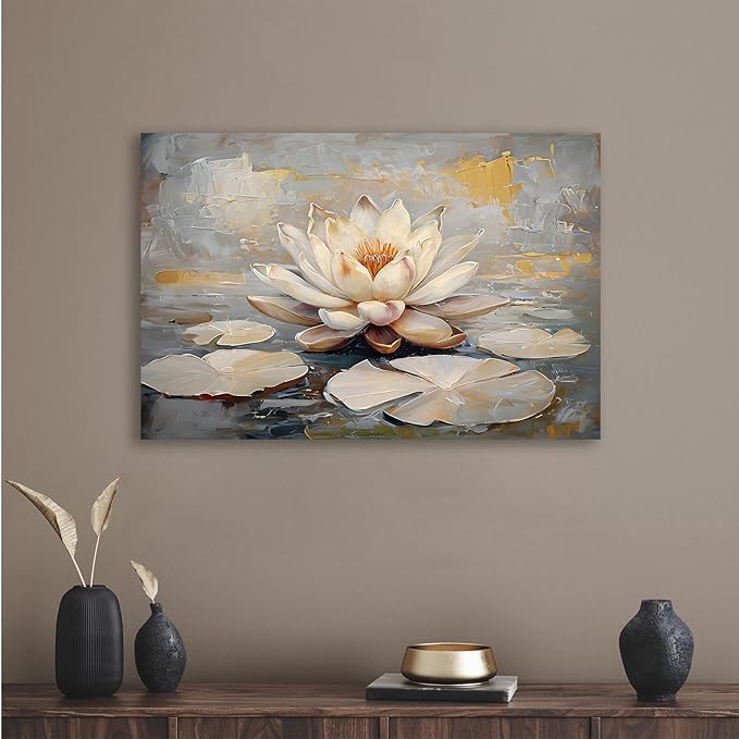 Ethereal white lotus floating on Crystal Waters poster vintage oil painting printwall art soft blush and gold accents serene home and office decor dreamy 12x18in Frameless
