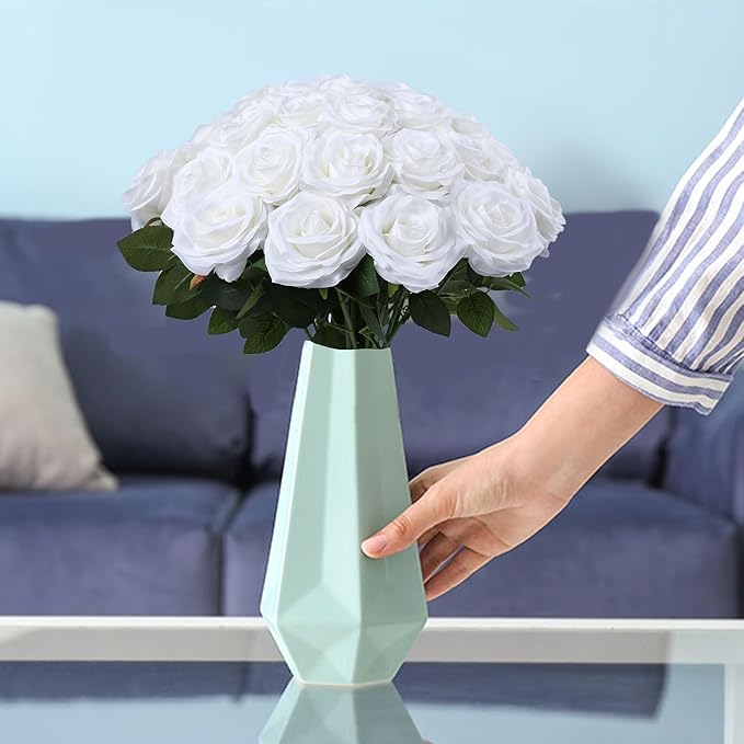 Artificial Rose Flower White Flowers White Roses Silk Flowers 50 pcs with Long Stem Silk Roses Bouquet for Wedding Bridal Shower Party Home Decoration