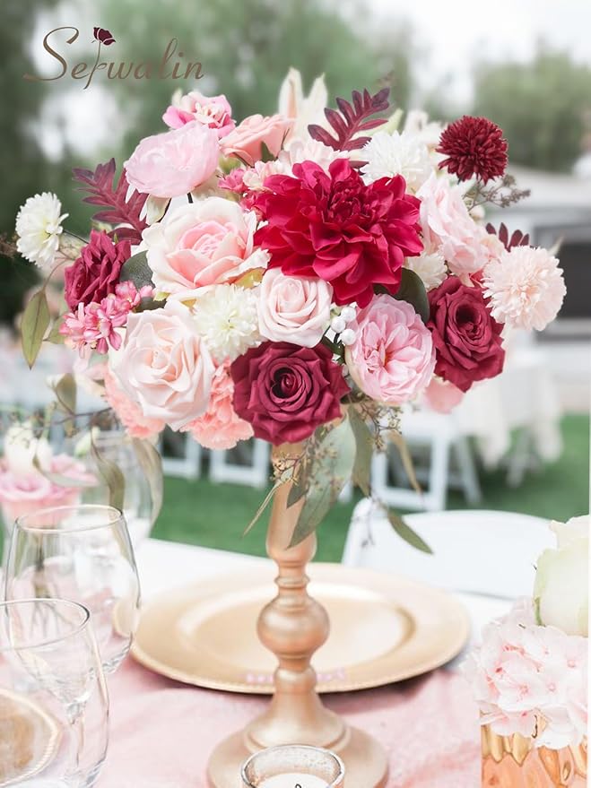 Serwalin Burgundy Hot Pink Artificial Flowers Silk Flowers Fake Cake Flowers Arrangements for DIY Wedding Bouquets Party Table Centerpieces Home Decorations Indoor Outdoor
