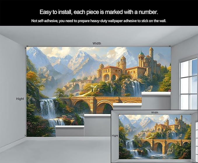 Fantasy Castle Wall Mural, Magical Waterfall Landscape 3D Wall Murals, Royal Palace Wallpaper Mural, for Living Room Bedroom Large Wallpaper Indoor Decor 59" W x39.4 H