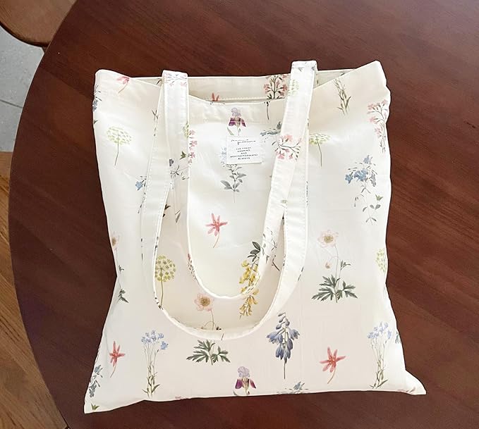 Cotton Canvas Tote Bag Reusable Soft Grocery Cloth Bag Floral Shoulder Bag for Beach Travel Shopping