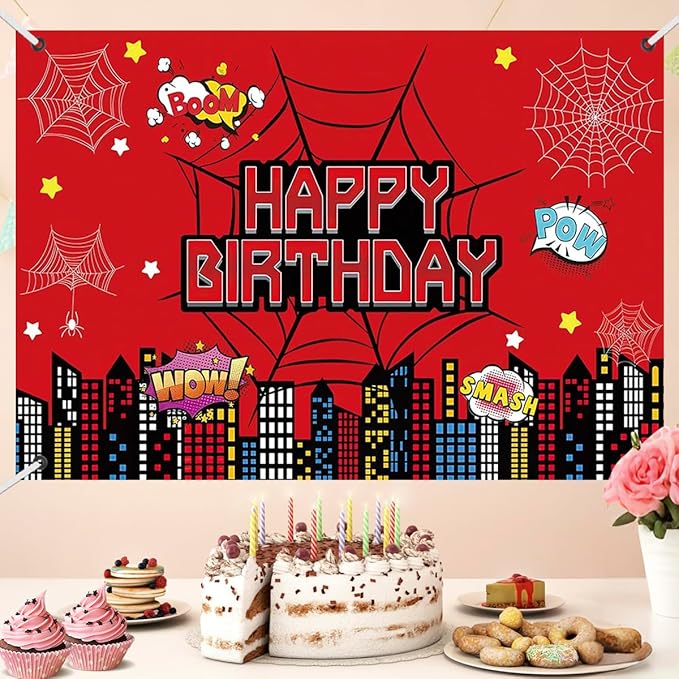 Superhero City Birthday Party Backdrop Banner, 59.1 x 39.4 inches, Red Comic Design with Spider Webs, Includes 32ft Ribbon