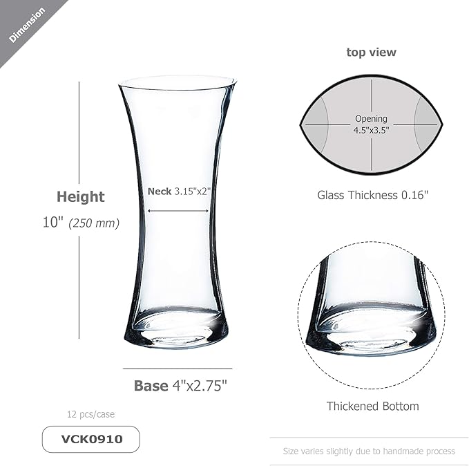 WGV Gathering Bouquet Vase Bulk, 4.5" W, 10" H, Clear Glass Floral with Flared Oval Opening, Centerpiece, Home Wedding Event Decor, 12 Pieces (VCK0910)