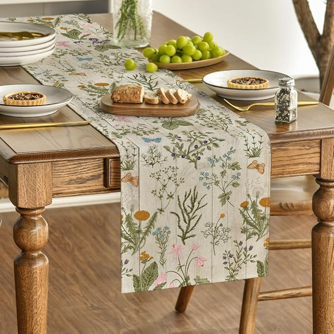 Artoid Mode Wood Wild Flowers Floral Spring Table Runner, Seasonal Summer Kitchen Dining Table Decoration for Home Party Decor 13x36 Inch