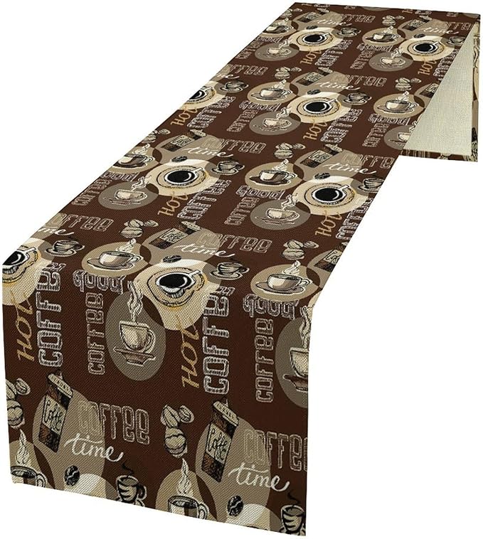 Coffee Theme Table Runner Vintage Coffee Beans Mug Cup Dinner Runner Table Decoration for Farmhouse Cabin Home Kitchen Dining Holiday Party 13x120in
