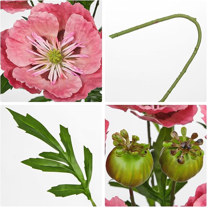 Hollyone 5Pcs Pink Poppy Flowers Artificial Bouquet 32.2" Silk Fake Poppy Flowers Arrangement Real Touch Faux Poppies Flower Long Stem for DIY Wedding Party Table Centerpiece Table Home Decor