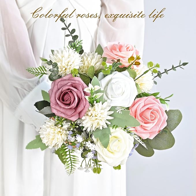 BLEUM CADE 36Pcs Artificial Flowers Fake Roses with Stems, Gradient Dusty Rose Boxed Foam Roses for DIY Bouquets Centerpieces Wedding Party Arrangement Bridal Shower Decor
