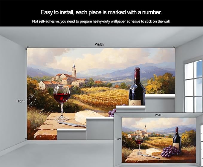 KIREUPA Tuscany Vineyard Wall Mural, Countryside Winery Scene 3d Wall Murals, Italian Rural Landscape Wallpaper Mural, for Living Room Bedroom Large Wallpaper Indoor Decor 59" W x39.4 H