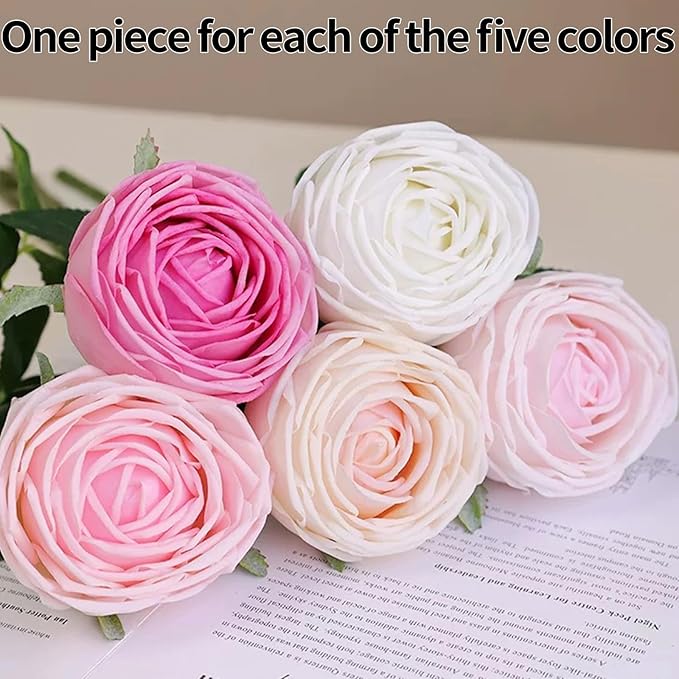 5Pcs Mixed Real Touch Artificial Silk Flowers with Stems - Lifelike Latex Austin Rose Peony for Wedding Bouquets, Home Decor, DIY Floral Arrangements