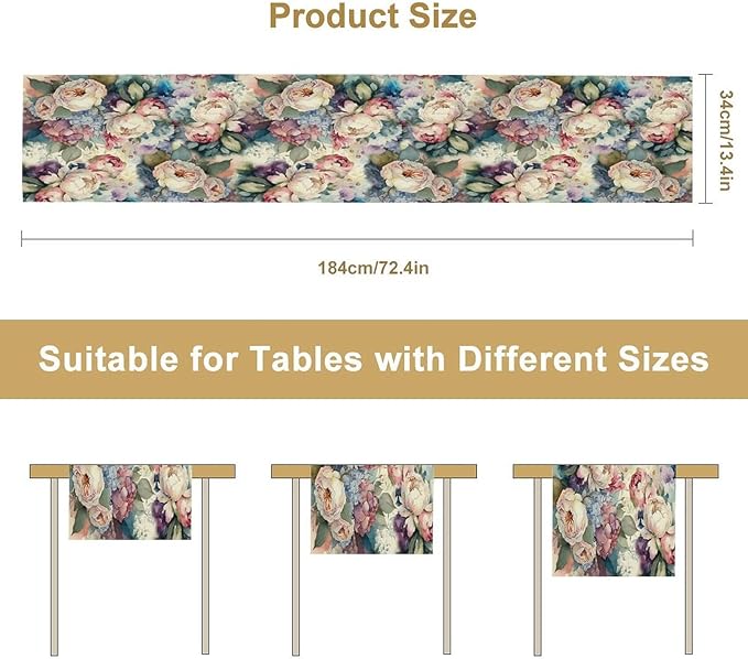 Vintage Floral Table Runner,Girls Women Rose Romantic Leaf Botanical Watercolor Pattern Print Burlap for Hotel Indoors Outdoor Dining Room Kitchen Holiday Party, 13x70in