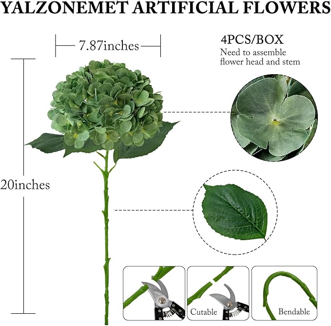 YalzoneMet 4Pcs Dark Green Silk Hydrangea Artificial Flower Big Blooms 20'' Long Stem Vintage Faux Hydrangea Flower Bouquets for Home Party Indoor Outdoor Boho Table Centerpiece Decor