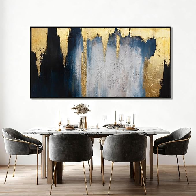 WINKAILIN Blue and Gold Abstract Canvas Wall Art with Frame Modern 29x58 Large Painting Minimalist Artwork for Living Room Bedroom Dining Room Decor