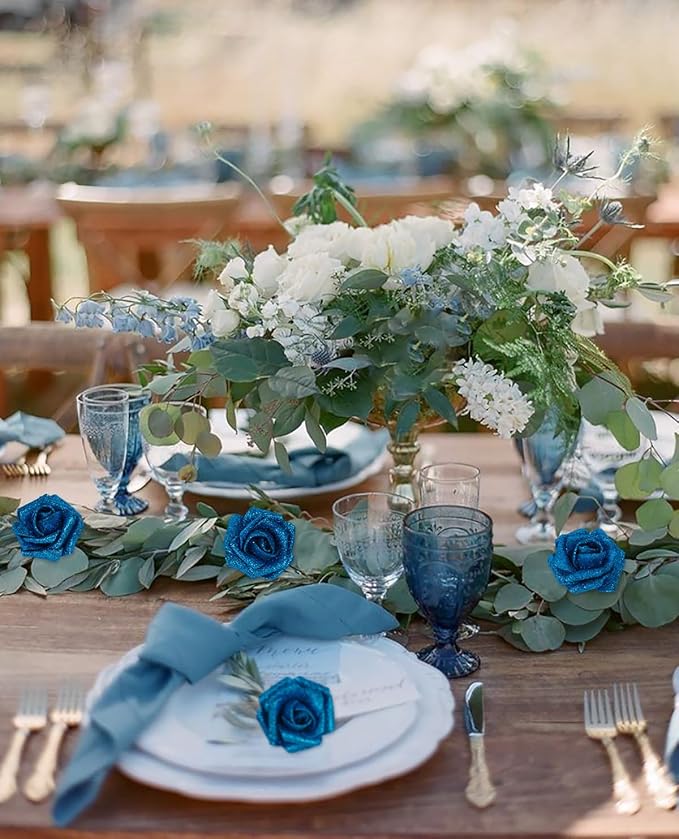 Blue Roses Artificial Flowers 30 PCS 2.17 in Glitter Roses Foam Flowers Glitter Flowers with Stem for DIY Wedding Bridal Bouquet Party Centerpieces Decor(Blue)