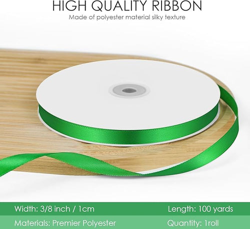 100 Yards 3/8 inch Satin Ribbon, Fabric Ribbon Solid Color Perfect for Gift Wrapping, Wedding, Handmade Bows, Floral Bouquets and Party Decoration(Green)