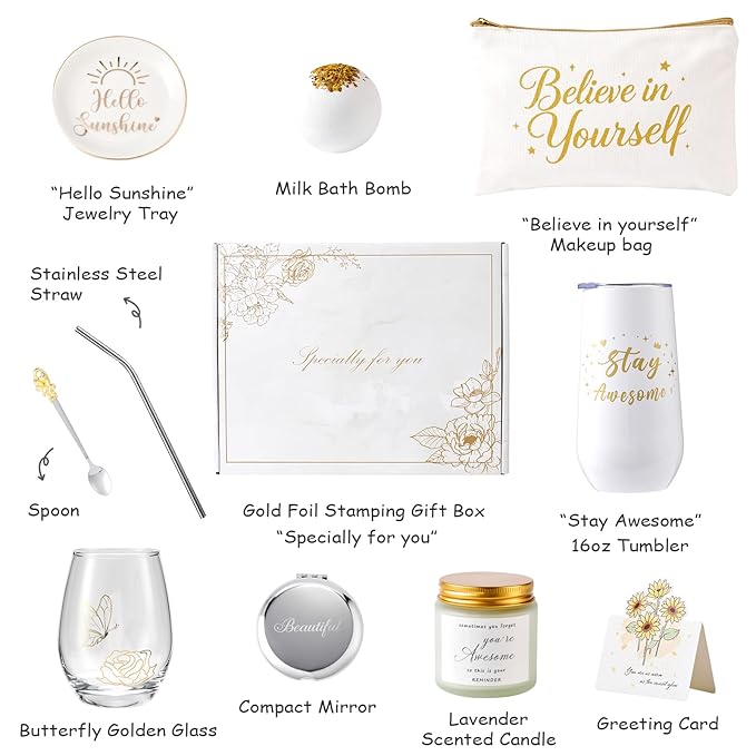 Birthday Christmas Inspirational Gifts for Women, Encouragement Gifts Basket, Stay Awesome Tumbler, Self Care Package Get Well Soon Gift for Her, Mom, Teacher, Sister, Friend, Golden Xmas Gift Ideas