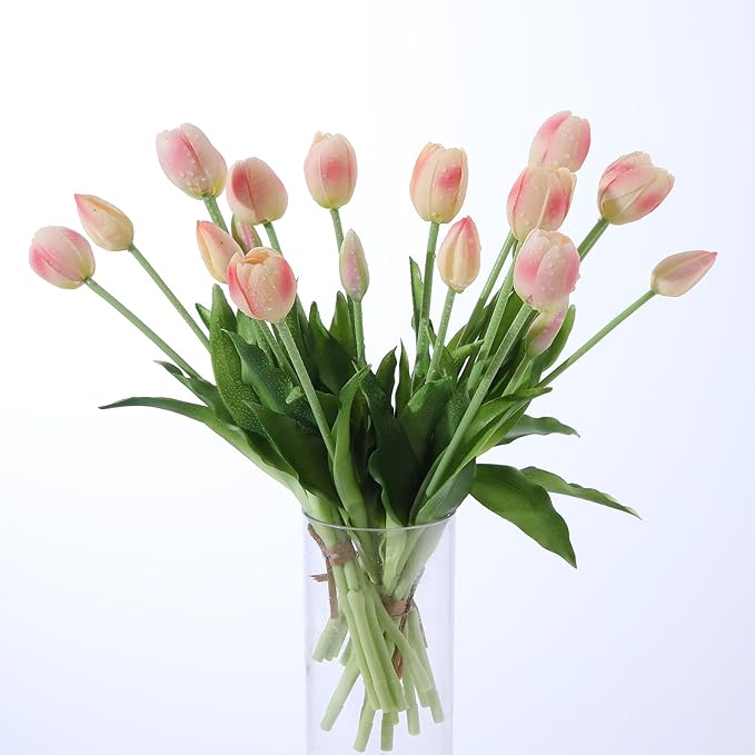 20PCS Peachy Fake Tulips Artificial Flowers Real Touch Latex Faux Tulips UV Resistant Fake Flowers Bouquet for Table Home Decor Party Wedding Garden Decoration