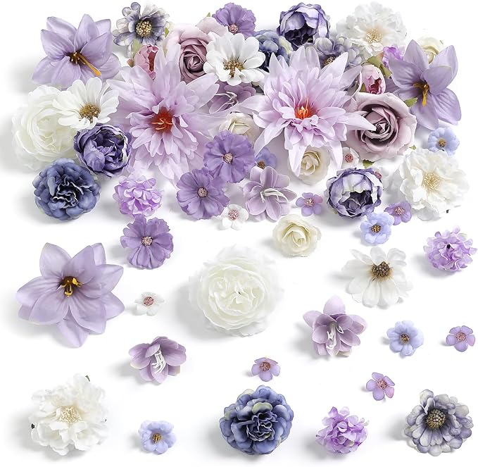 Artificial Flowers Heads Combo Purple Flowers Mix Silk Flowers Dahlia Roses for Graduation Cap DIY Cake Wedding Party Floral Arrangement Table Centerpieces Home Decorations