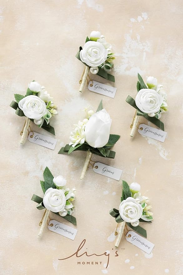 Ling's moment Boutonniere for Men, 6pcs Groom Groomsmen Boutonniere, Artificial Flowers for Wedding Decor/Prom/Homecoming, etc.White Ranunculus Pearl