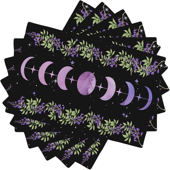 Boho Moon Flowers Placemats Set of 6,Natural Plant Moon Phase Moonlight Kitchen Party Event Table Decor,12x18 Inch,Purple 6 PCS, Style-11