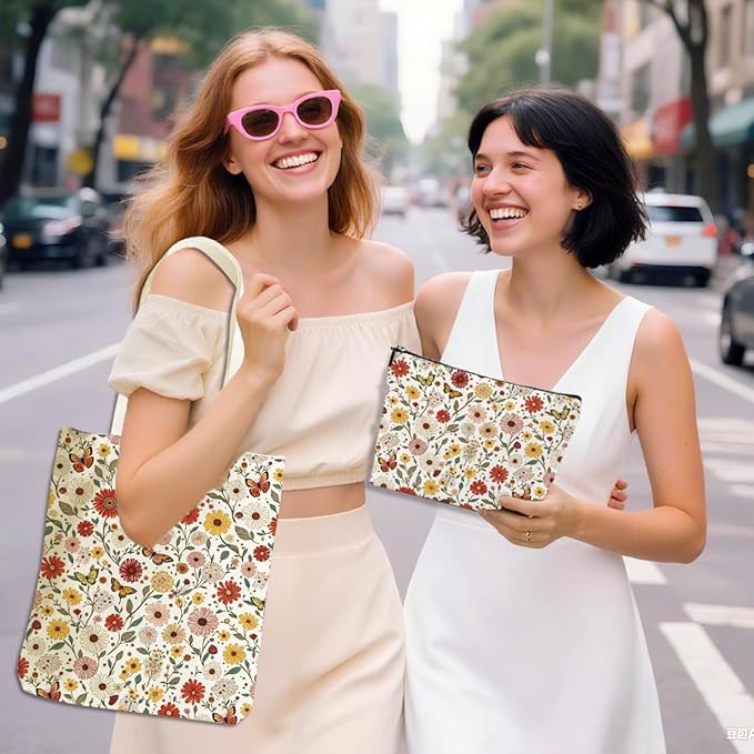 Flower Plant Lover Gifts for Women Canvas Tote Bag with Makeup Bag Cosmetic Bags Grocery Bags for Shopping Christmas