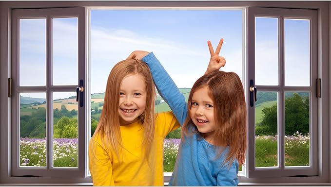 7x5ft Window Scenery Backdrop Open Window with View of Meadows and Fields Photography Background Plants Flowers Background Party Banner Wall Decor Baby Kids Family Photo Shoot Props