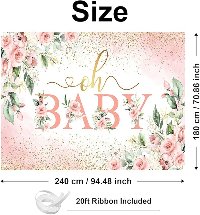 Mocsicka Oh Baby Backdrop Pink Floral Baby Shower Banner for Girls Party Decorations Photo Booth Props (Pink, 8x6ft)