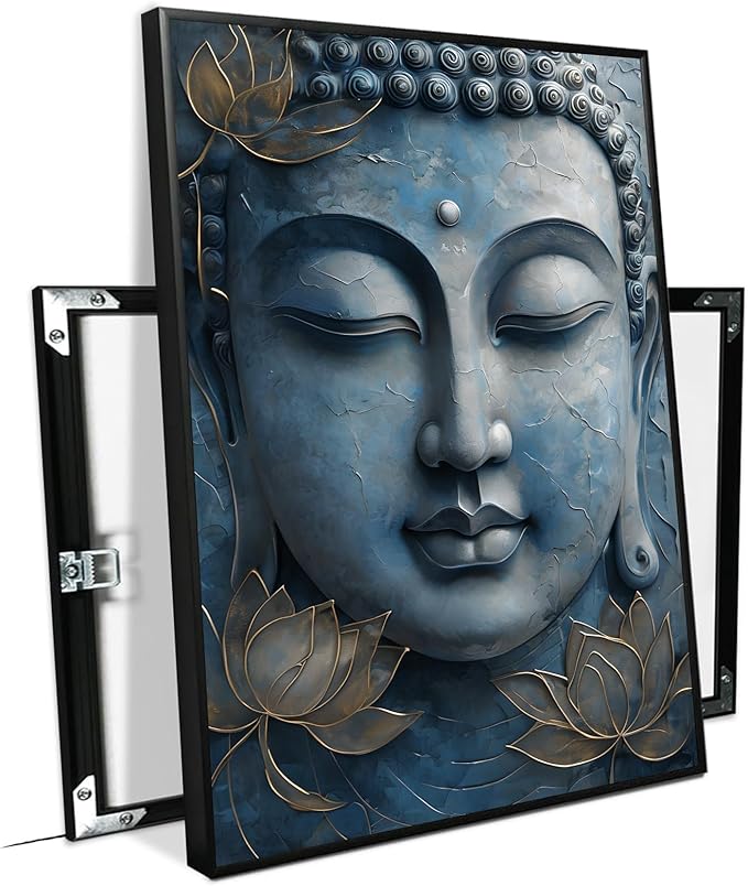 Canvas wall art Golden lotus crown Serene Buddha poster Ethereal blue toned art with delicate floral decor Zen wall art for a tranquil meditation space 12x18in Metal blackFramed