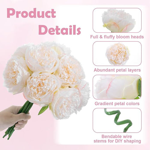 10PCS Off White Realistic Artificial Flowers Peony Fake Silk for Home Office Wedding Table Centerpieces Party Festival Bar Decoration Indoor