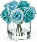 WELL KNOWN Rose Artificial Flowers in Vase with Faux Water, Silk Rose Table Centerpieces for Home Coffee Table Decor, Fake Roses Flower Arrangements for Office Hotel Lavatory Decor (Teal Blue)