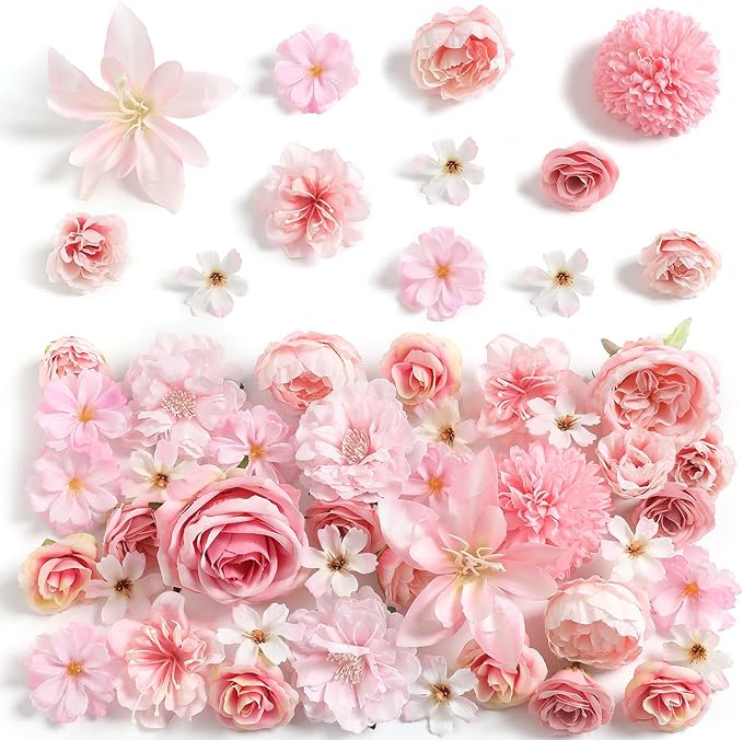 Fake Flower Heads for Crafts - Pink Silk Artificial Roses, Peonies, Daisies & Mini Floral Heads Bulk (48-Pack) for Wedding Decor, Graduation Cap, Cake Topper, Baby Shower, Home Decoration